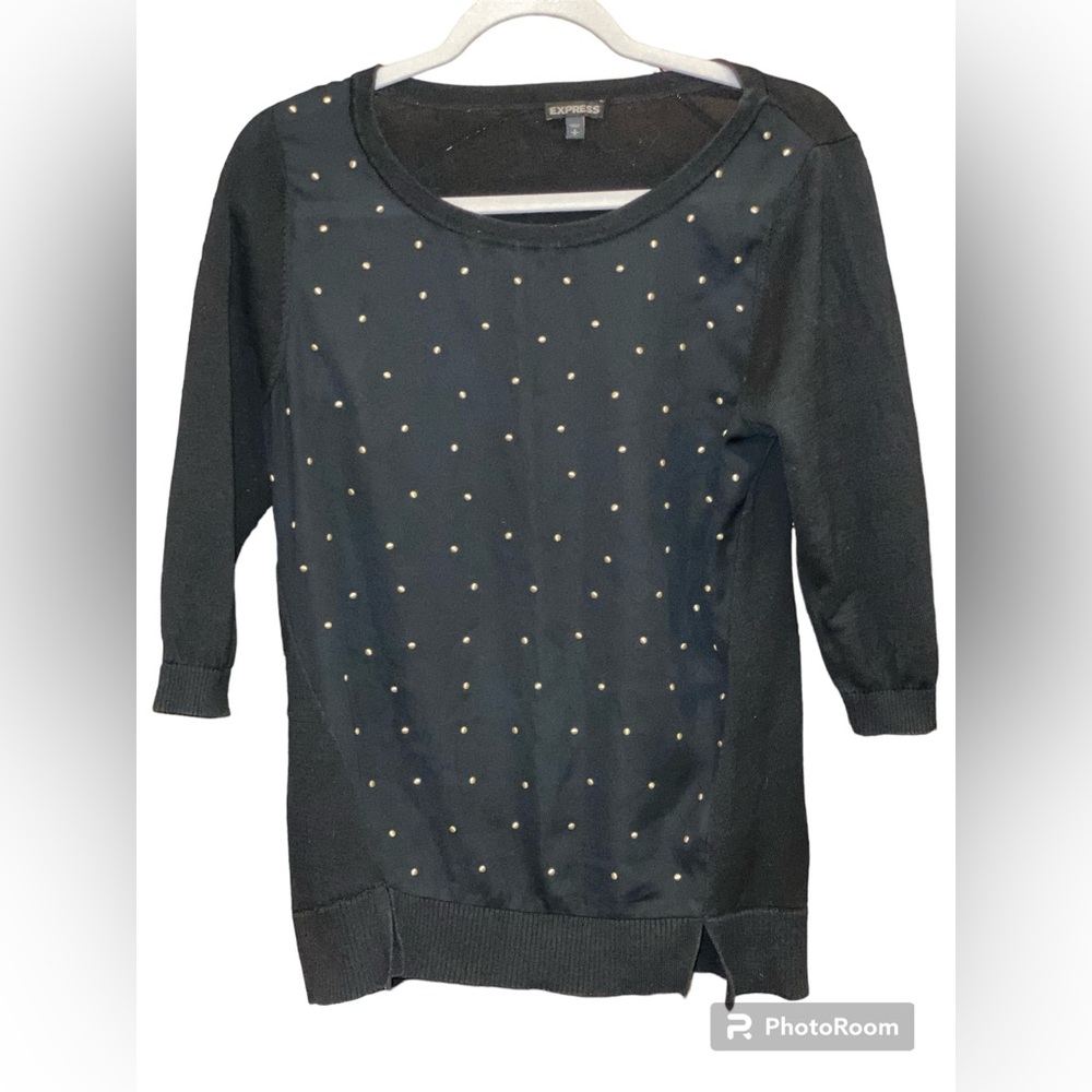 Express Black Top Size S/P Gold Studded Scoop Neck 3/4 Length Sleeves Pullover